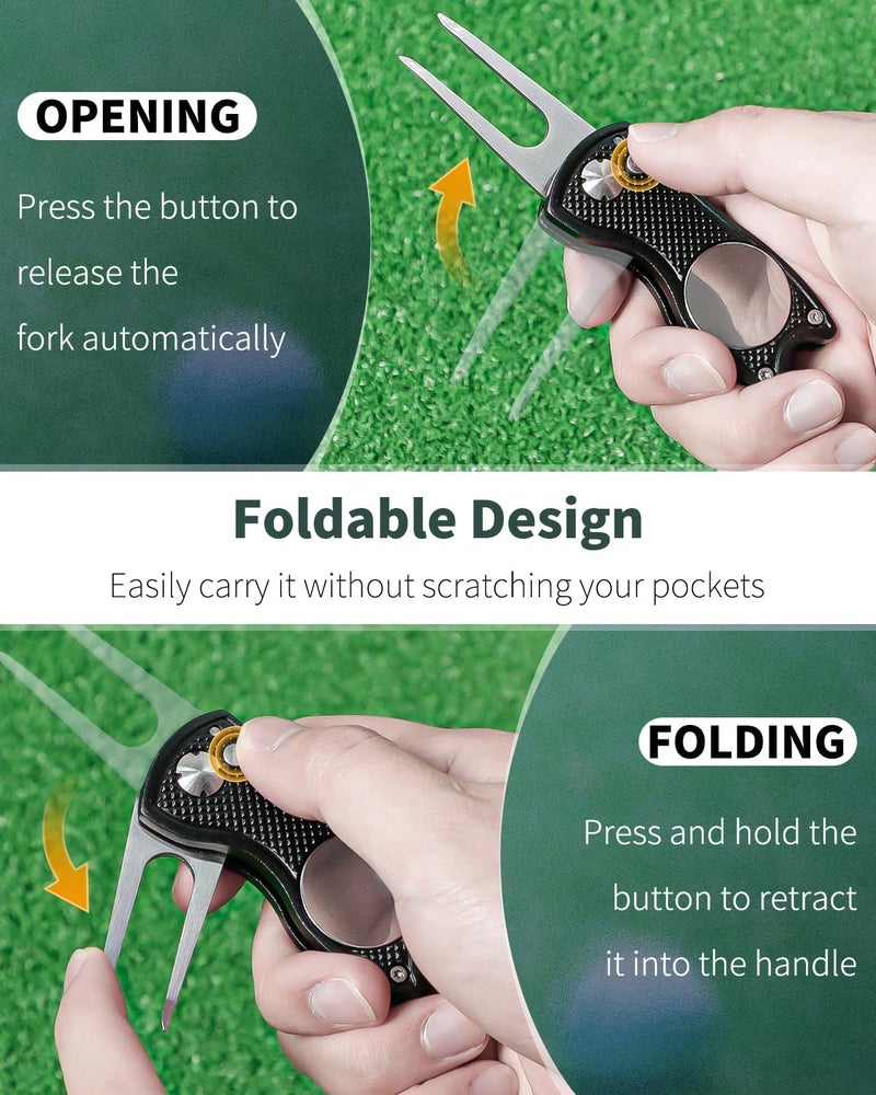 GreenHaven 2-6 Pack Golf Divot Repair Tool for Golfers Foldable Metal Green Tool with Magnetic Putt Alignment Ball Marker Pop-up Fork Tine with Sturdy Aluminum Alloy Handle - Image 4